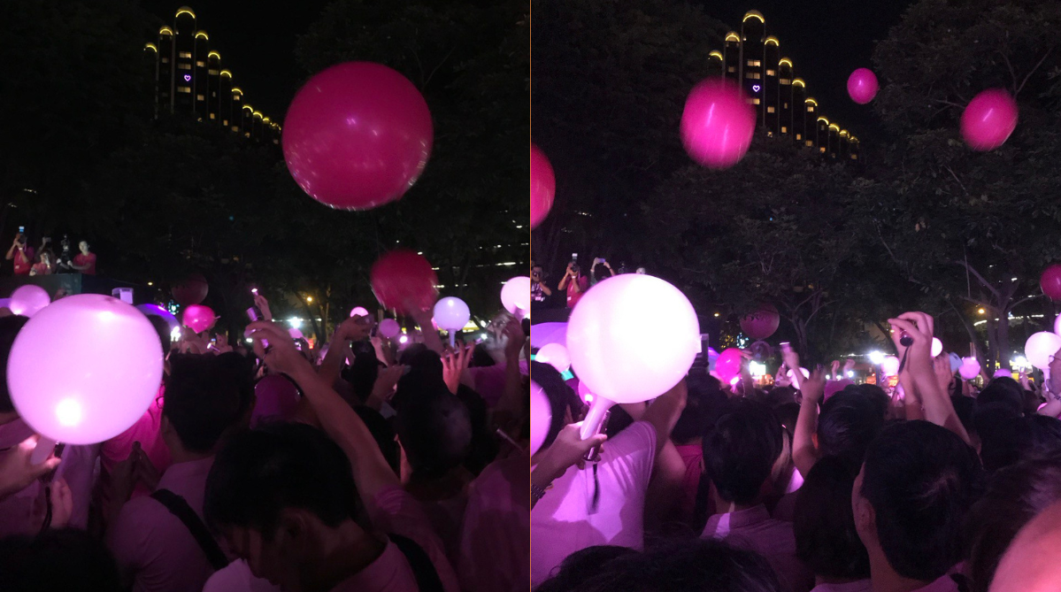 PinkDot attendees lighting up their pink lights