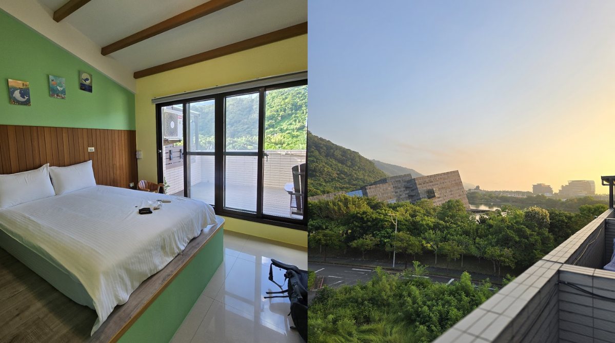 A bedroom in Blue Sea Sunny Sky B&B (宜兰蓝海天晴民宿) and the view of Lanyang Museum (蘭陽博物館) from the balcony