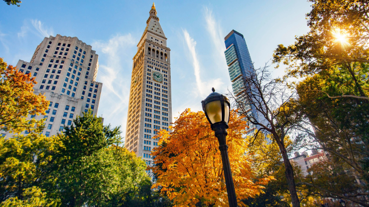 A photograph of some sky scrapers in Manhattan from below, with central park in the foreground, featuring tress in the autumn. Their leaves are turning orange, red and yellow and there is a black decorative vintage-style lamp post int he foreground also. To illustrate a blog post entitled 'New York Comic Con 2025: A Complete Travel Guide for Attendees.'