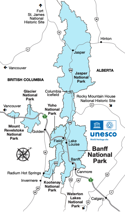 Banff National Park Map with Banff, Canmore and Lake Louise