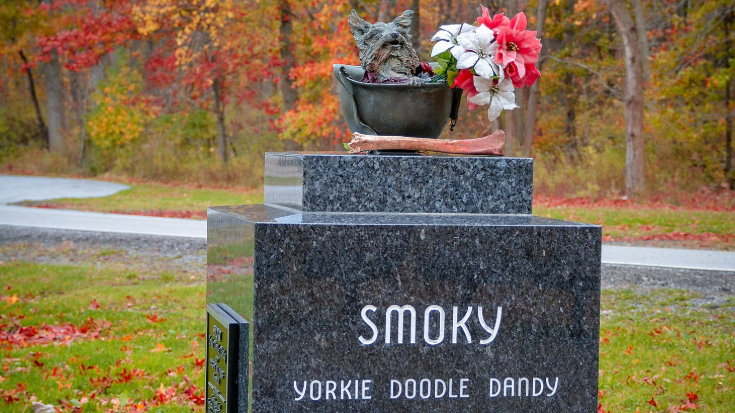 Granite memorial topped with a small bronze Yorkshire Terrier peeking from a soldier’s helmet, marking the resting place of Smoky, a tiny but famous World War II therapy and rescue dog, in Cleveland’s Rocky River Reservation.
