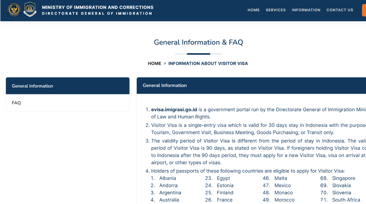 Indonesia VoA application page