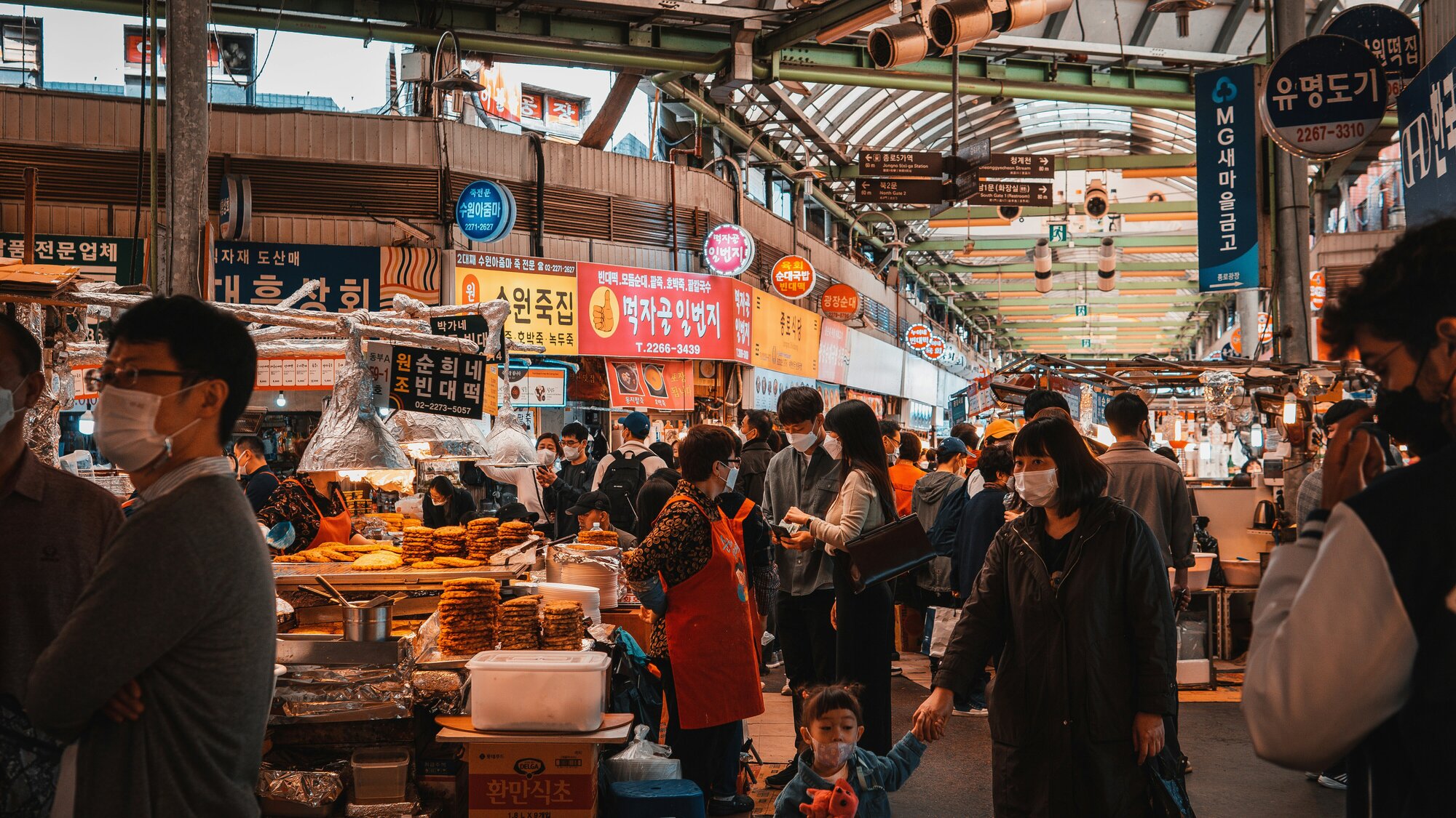 A busy street food market in Seoul, South Korea