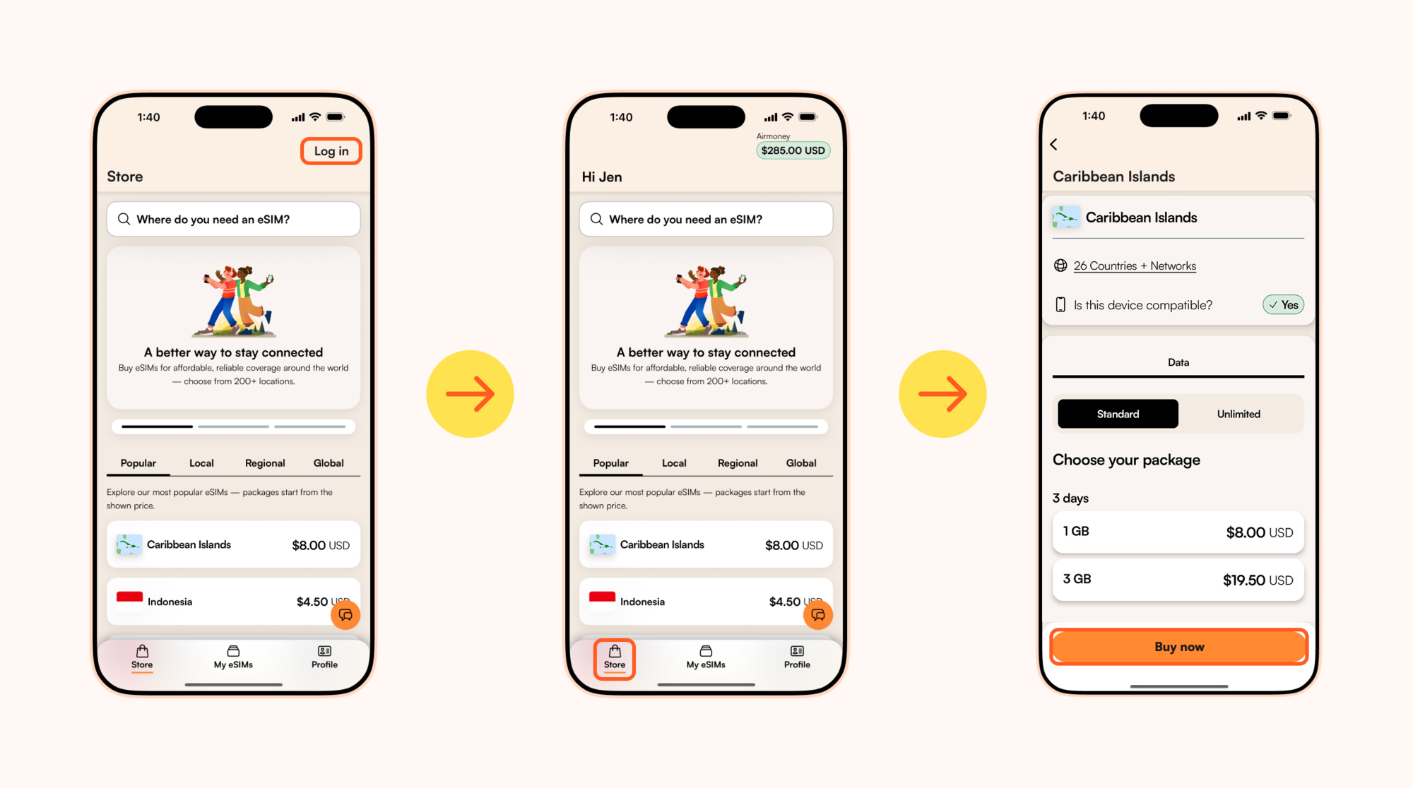 Step-by-step instructions on how to purchase a Caribbean eSIM on the app