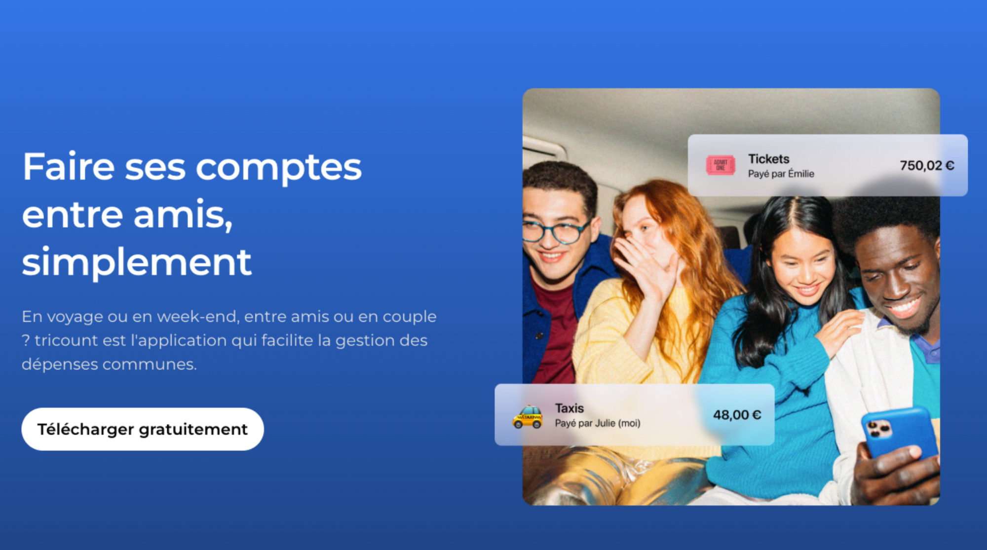 Page d'accueil du site Tricount avec présentation des fonctionnalités de partage de frais en voyage
