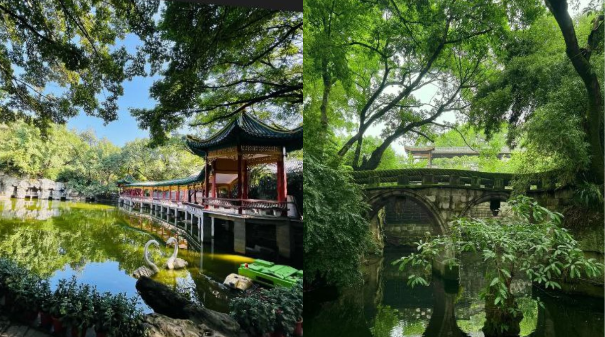 A pavilion (left) and a bridge in E’ling Park
