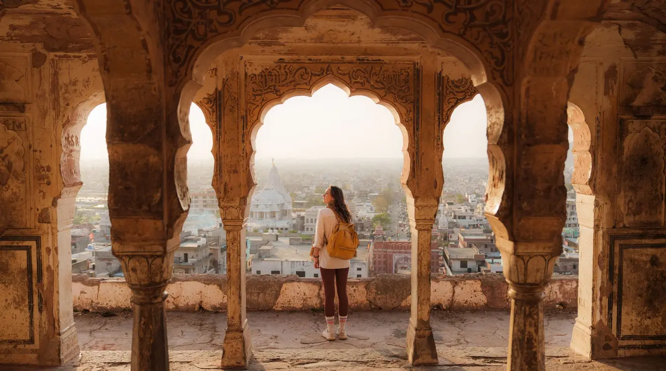Frau mit SIM-Karte in Indien, die bei Sonnenuntergang auf das Stadtbild von Jaipur schaut