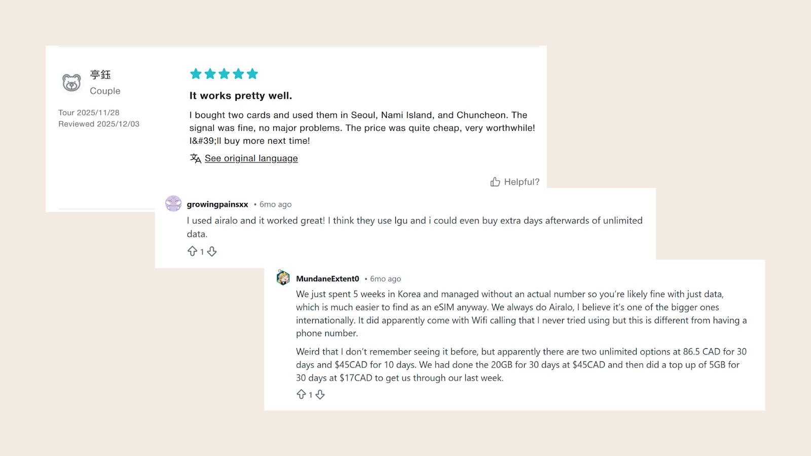 Screenshot of reviews from users on Reddit and KKday