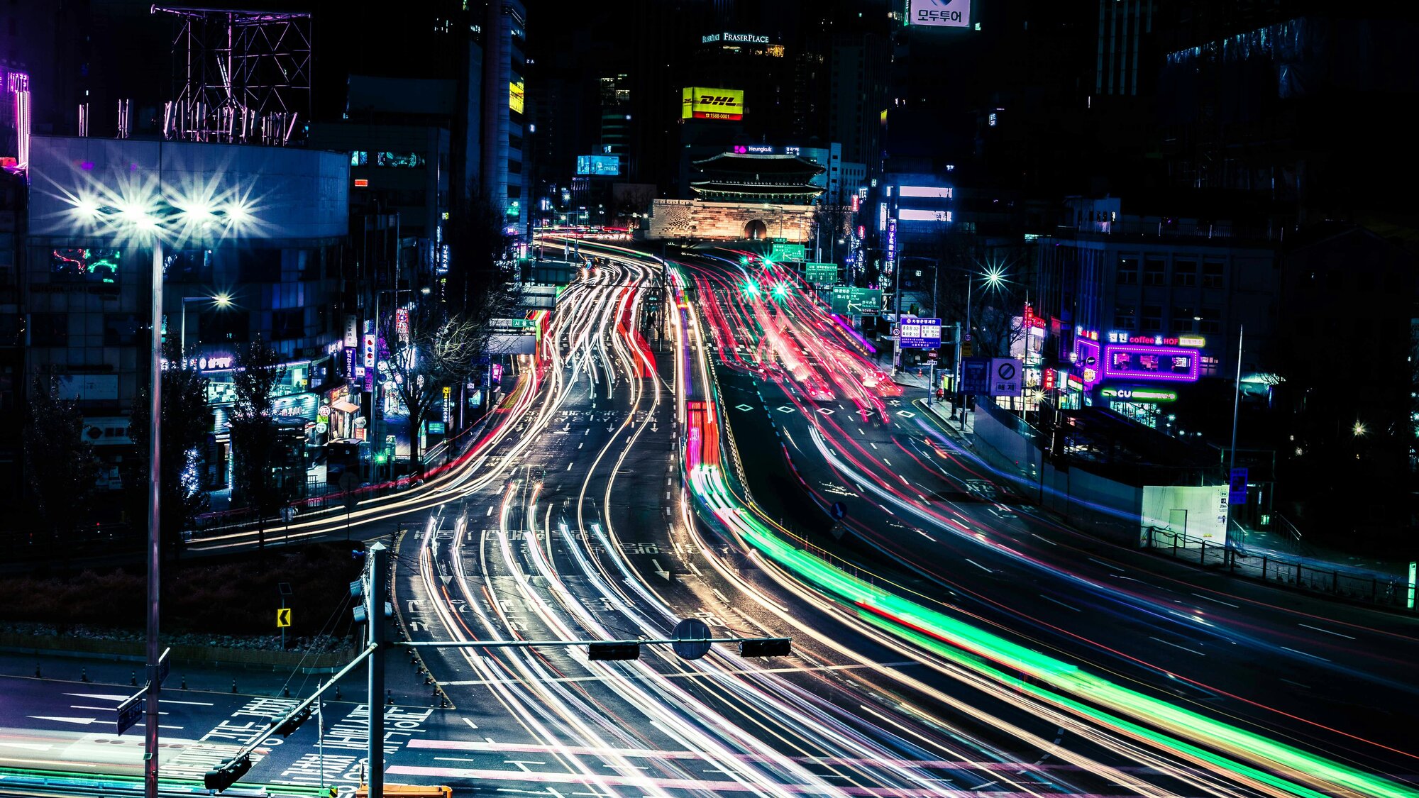 A long exposure of Seoul traffic at night