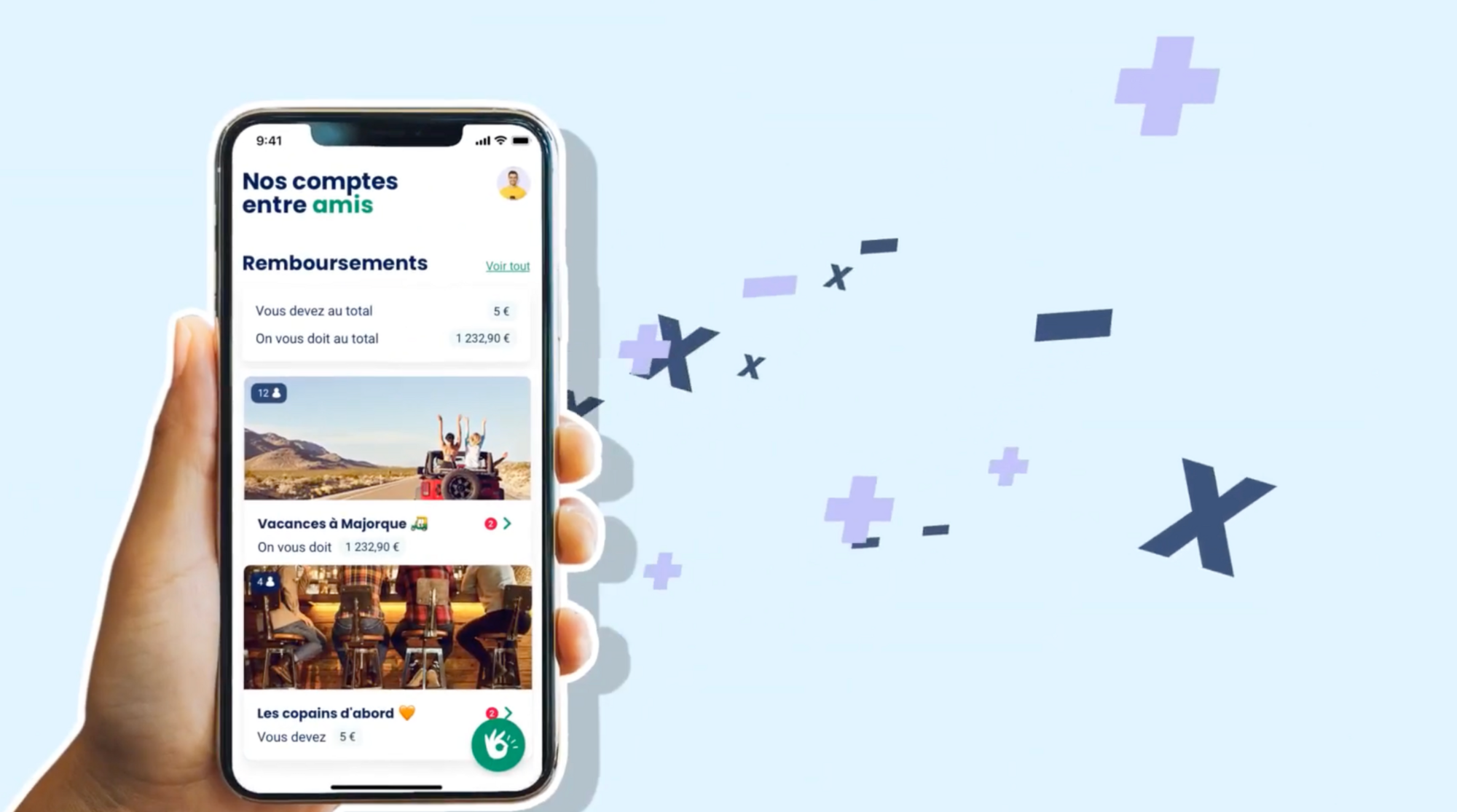 Aperçu du site web de Nos comptes entre amis, avec un écran de smartphone montrant l’application.