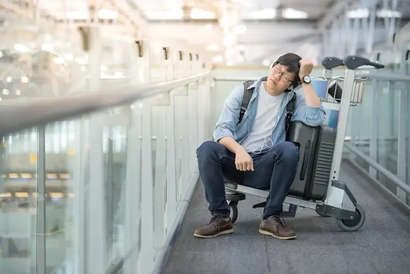 空港のターミナルで、トロリーに座り疲れ果てているアジア人の若い男性
