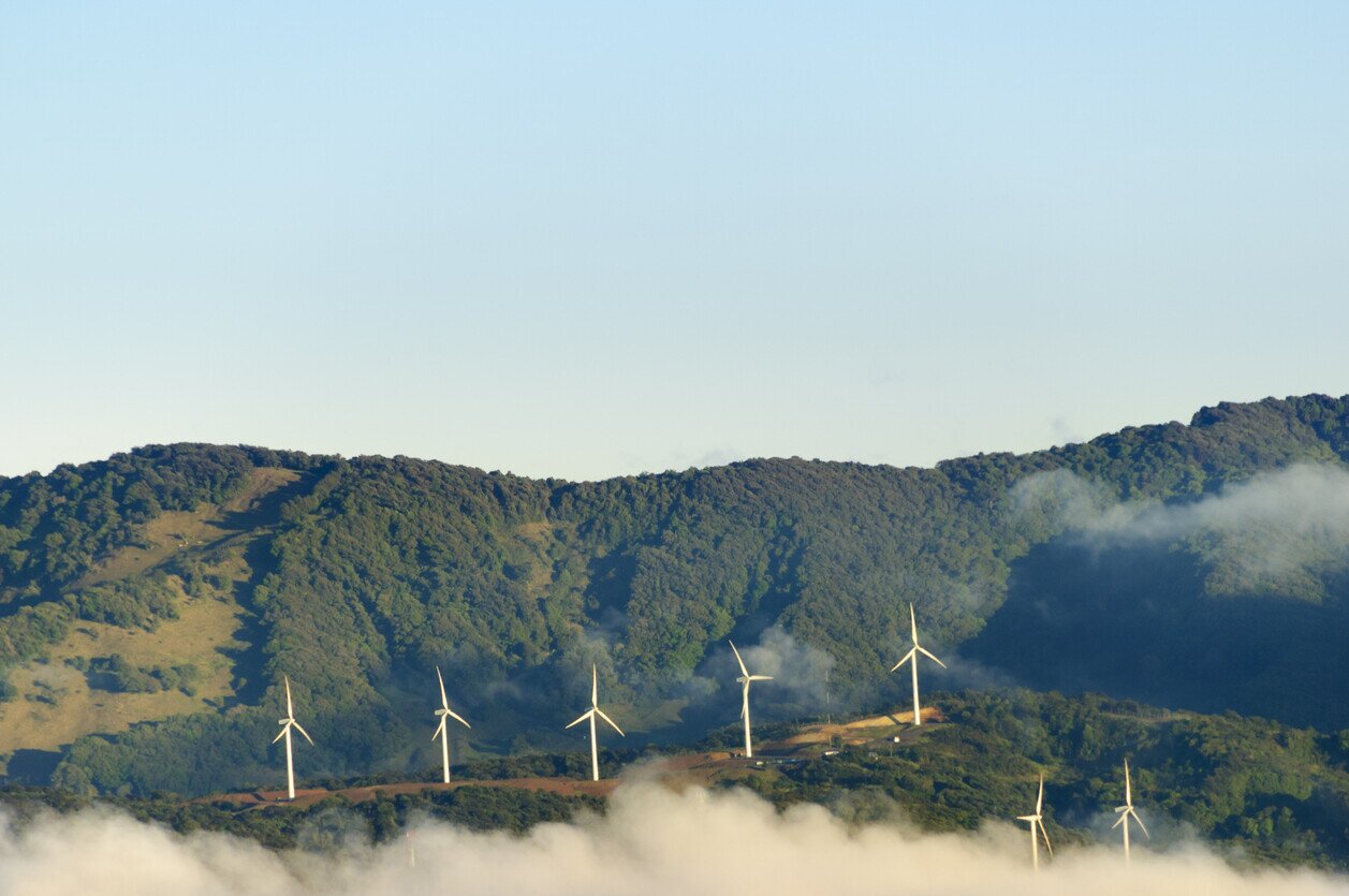 Wind turbines surrounded by fog in Costa Rica