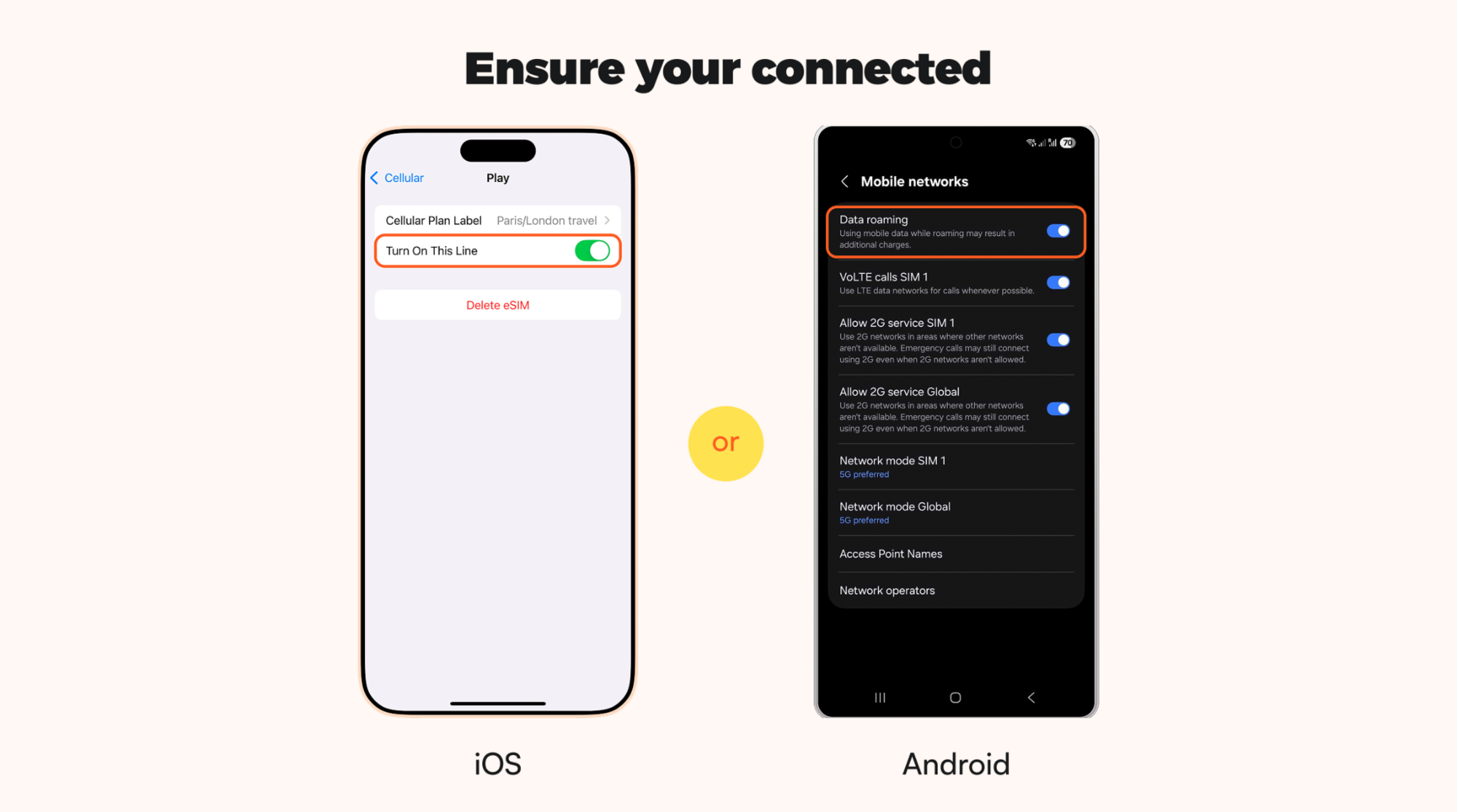 iPhone and Android settings for data connection