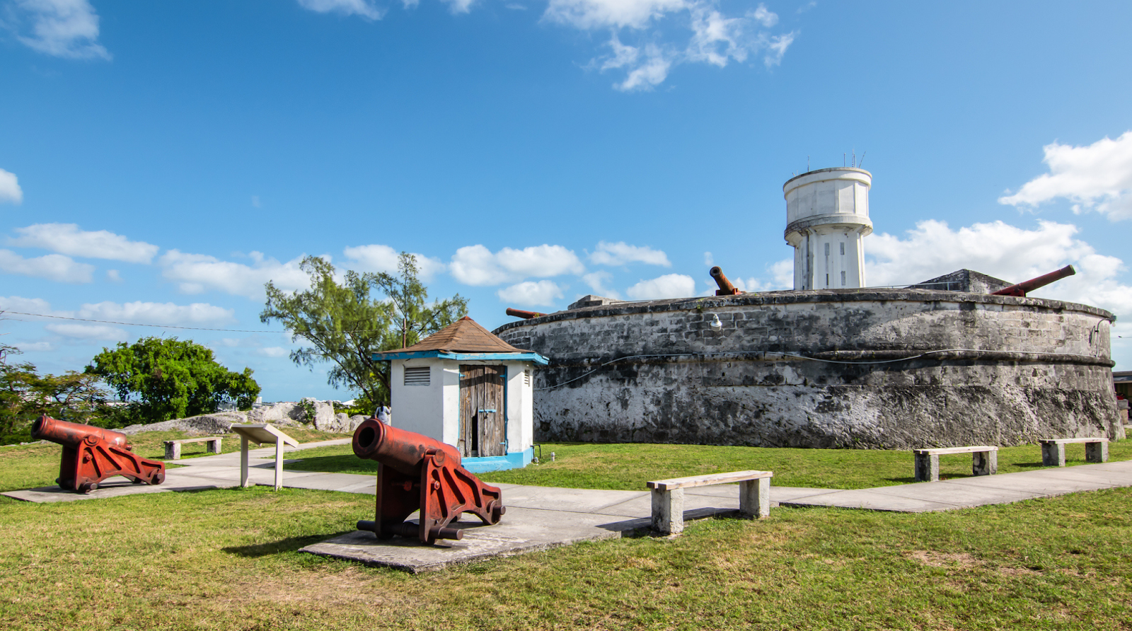 Historic cannons lined up at Fort Fincastle in Nassau, Bahamas, overlooking the island from the highest point