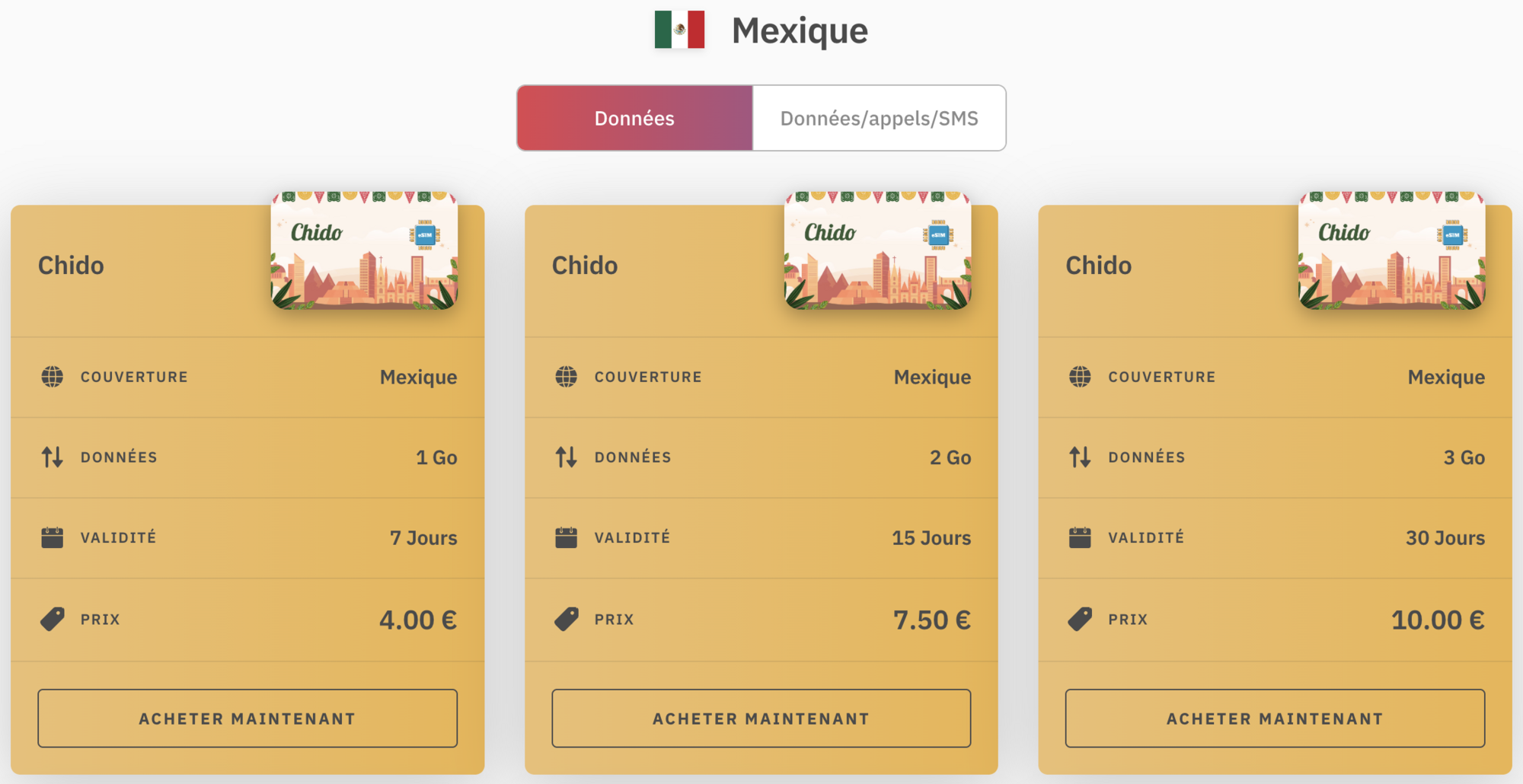 exemples de forfaits esim mexique avec airalo (carte sim digitale)