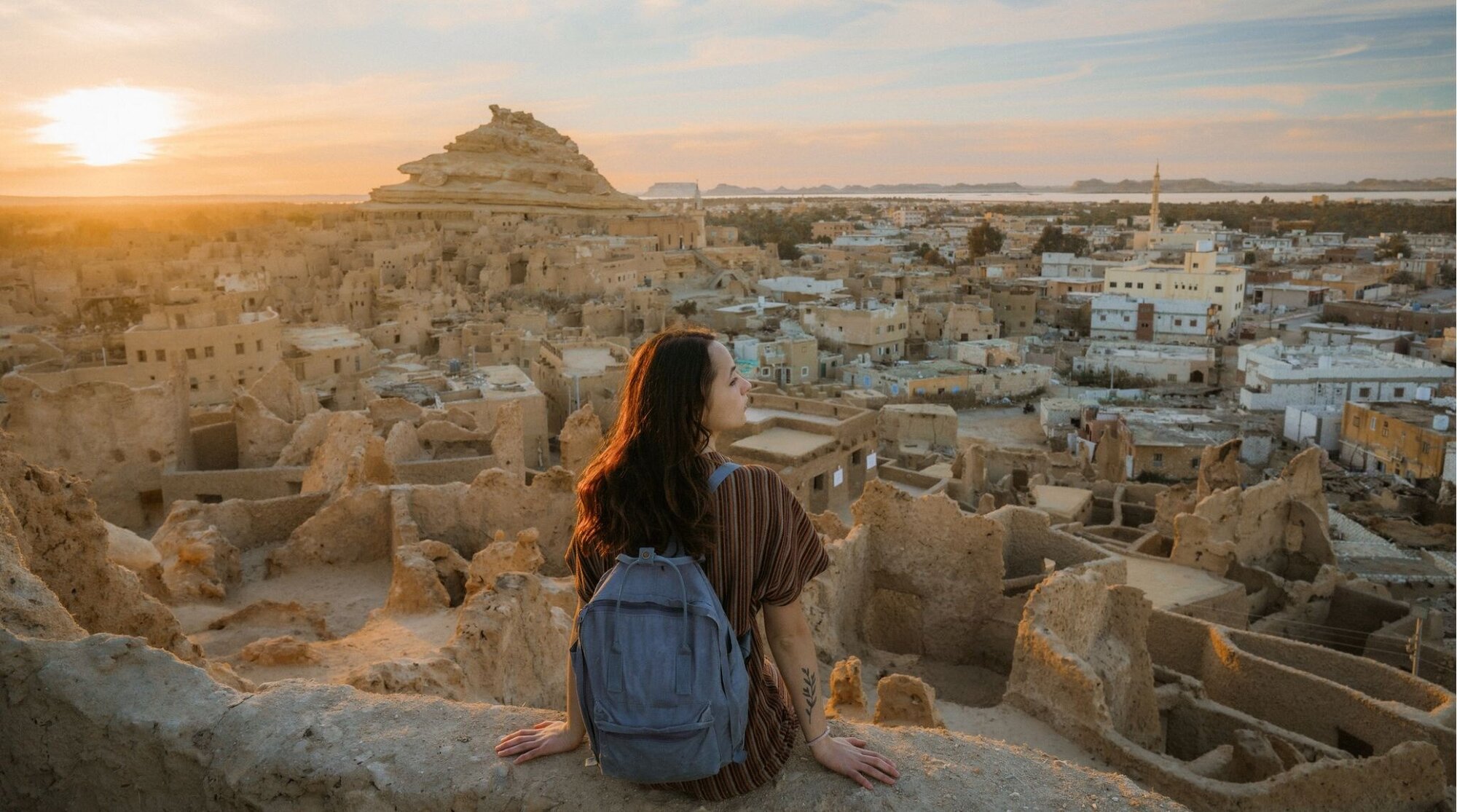 Mulher olhando para a vista cênica do oásis de Siwa ao pôr do sol