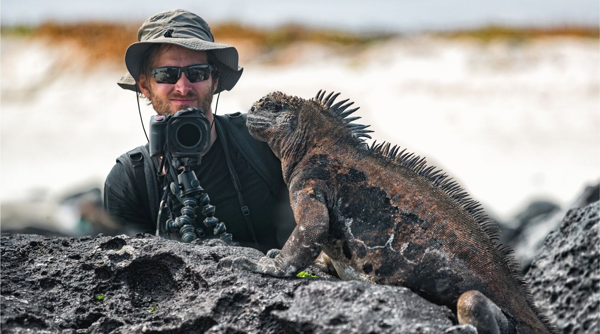 Fotógrafo registrando uma iguana nas Ilhas Galápagos.