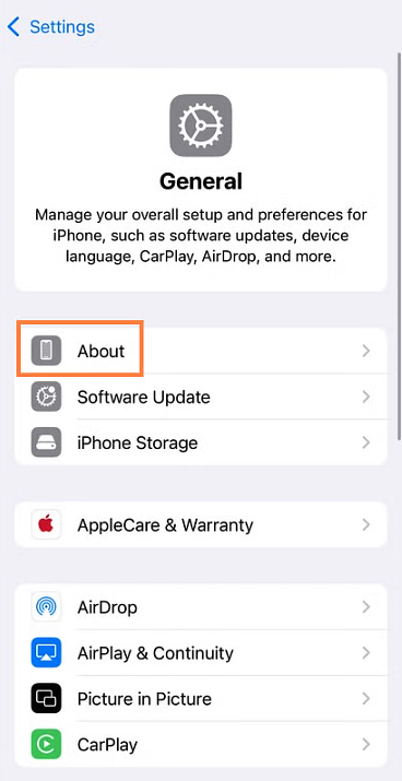 About section for EID number on iPhone