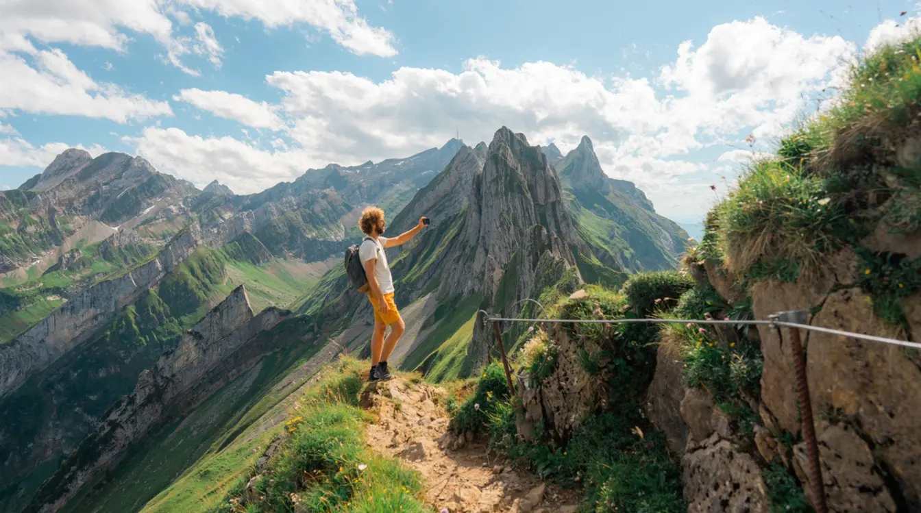 Mann fotografiert mit Smartphone während der Wanderung in den Schweizer Alpen