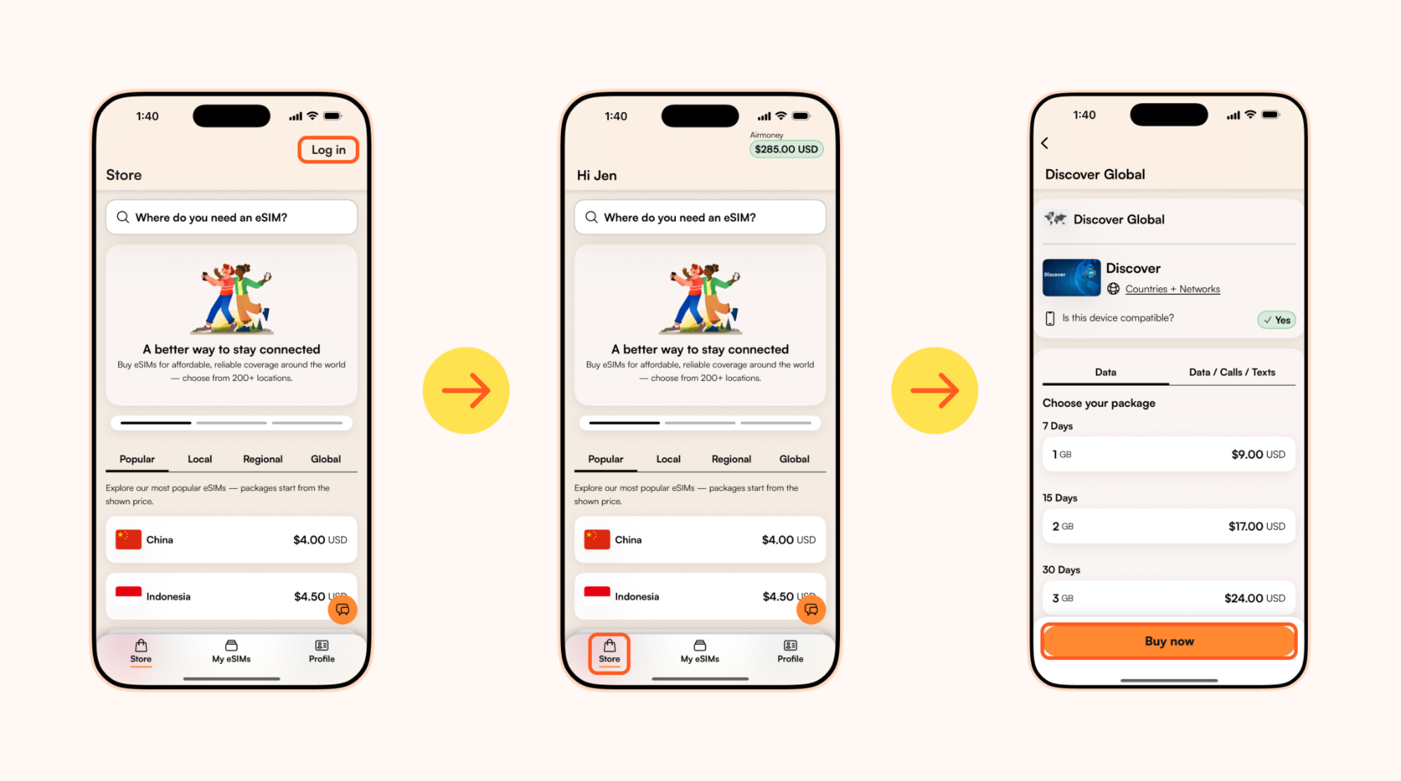 Step-by-step instructions on how to purchase an Airalo eSIM on the app