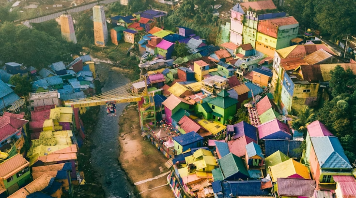 Aerial view of the Jodipan Colorful Rainbow Village in Malang, Java