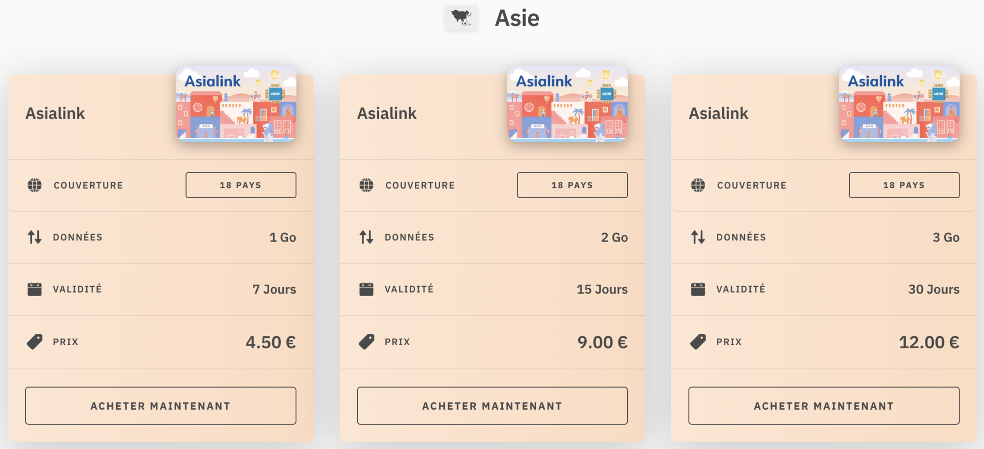 aperçu des forfaits eSIM Asie d'Airalo