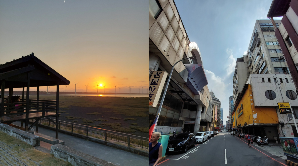 Gaomei Wetlands (left) and the streets of Taichung (right)
