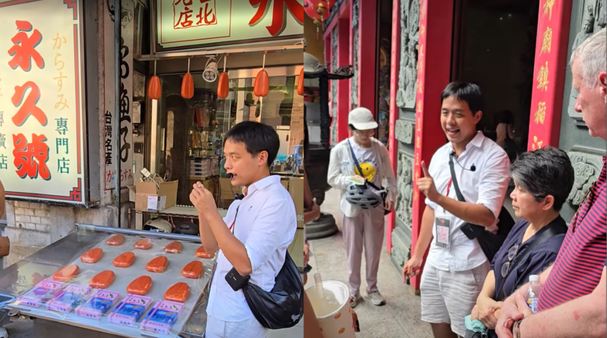 Taiwanese tour guide explaining the history of the old street