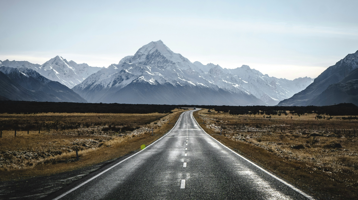 Road winding through Mount Cook National Park, New Zealand