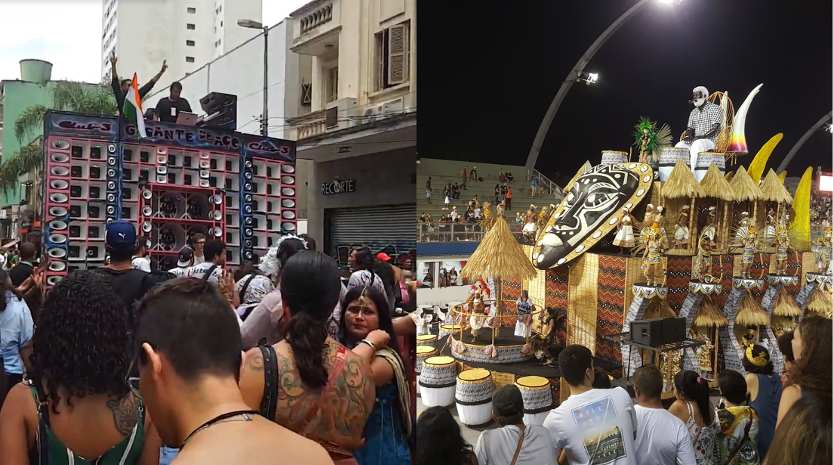 An India-themed bloquinho (left) in São Paulo and the Carnaval parade in Rio de Janeiro (right)
