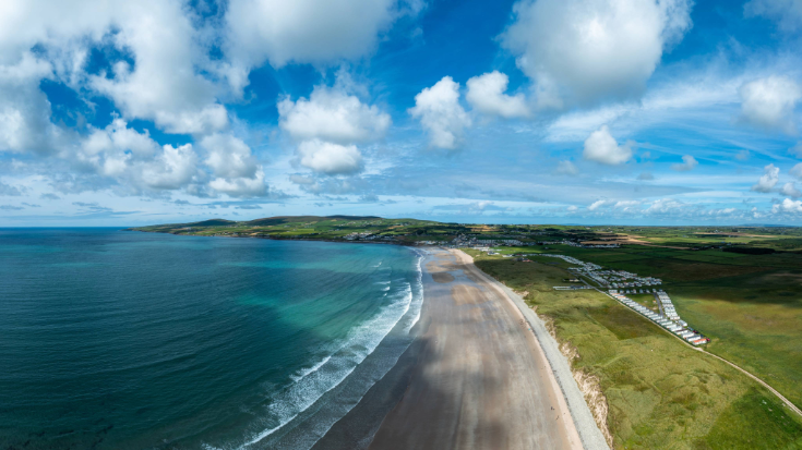 An aerial view of a golden sand beach in Ballybunion on the west coast of Ireland.