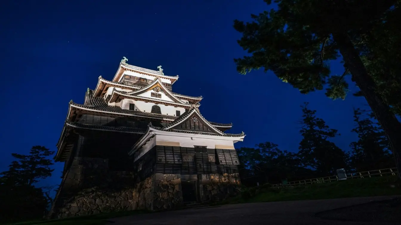 Matsue Castle illuminated at night against a dark blue sky.