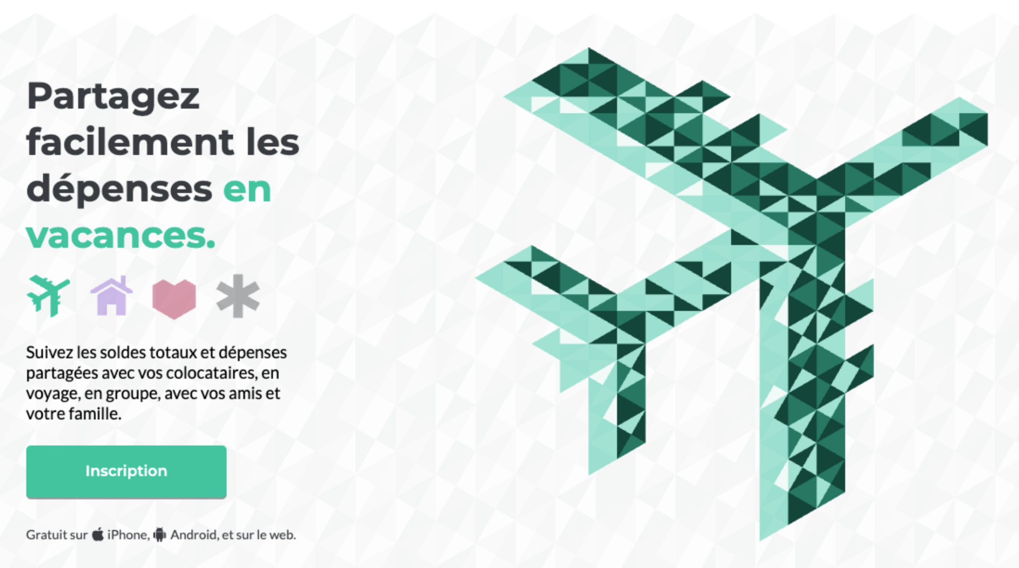 Capture d'écran sur la page d'accueil du site web de Splitwise, qui met en avant le partage de dépenses en vacances.