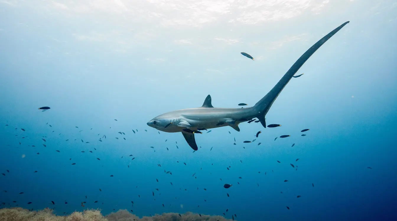A thresher shark swimming through the sea surrounded by small fish near Malapascua Island in the Philippines.
