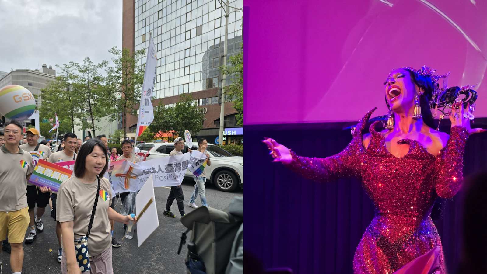 Taipei Pride 2025 marchers (L) and international drag queen Pangina Heals (R)