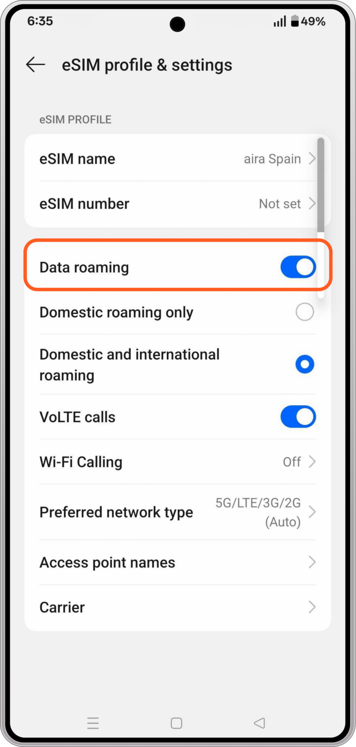 Data roaming Android