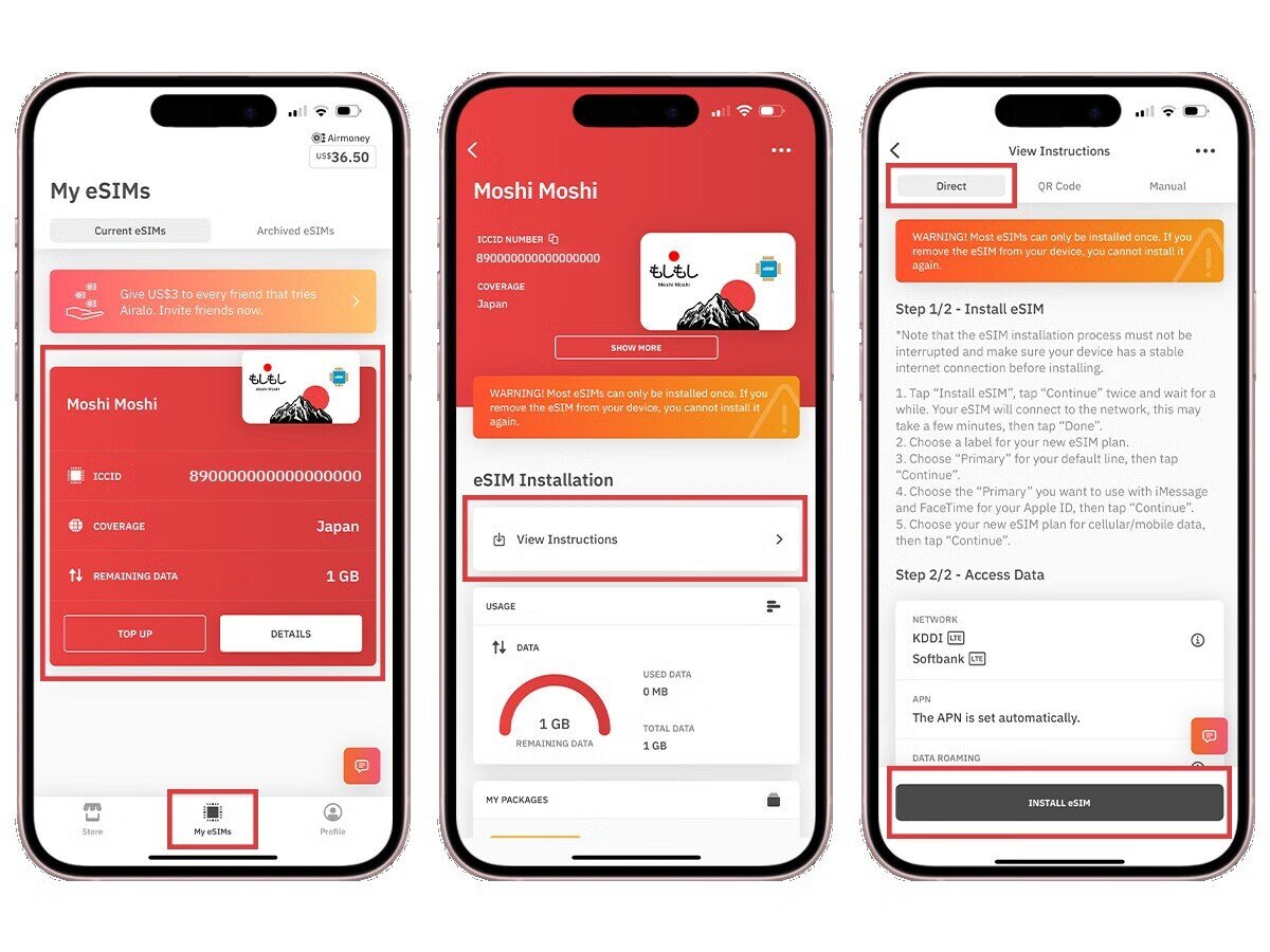 Screenshot of Step 2 on how to install and set up an eSIM on a Xiaomi phone. Purchase an eSIM plan from Airalo 