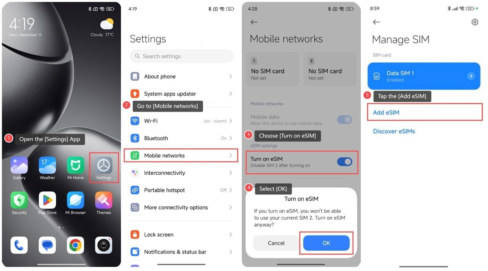 Screenshot of Step 3 on how to install and set up an eSIM on a Xiaomi phone. Go to eSIM settings on your phone to add an eSIM
