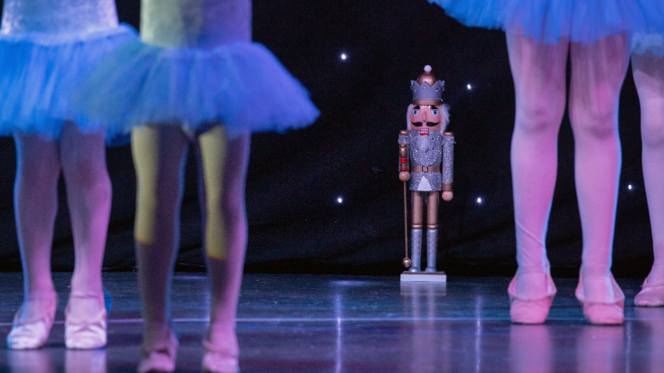 A photograph of a nutcracker figurine made from wood, with a beard and hat in the background and ballerina's legs, tuts and shoes in the foreground, to represent a performance of the ballet 'The Nutcracker', to illustrate a blog post entitled 'Things to do in London in December'.