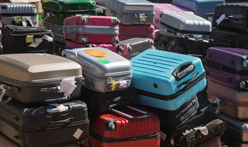 Empilement de valises rigides de différentes couleurs sur un chariot d’aéroport.