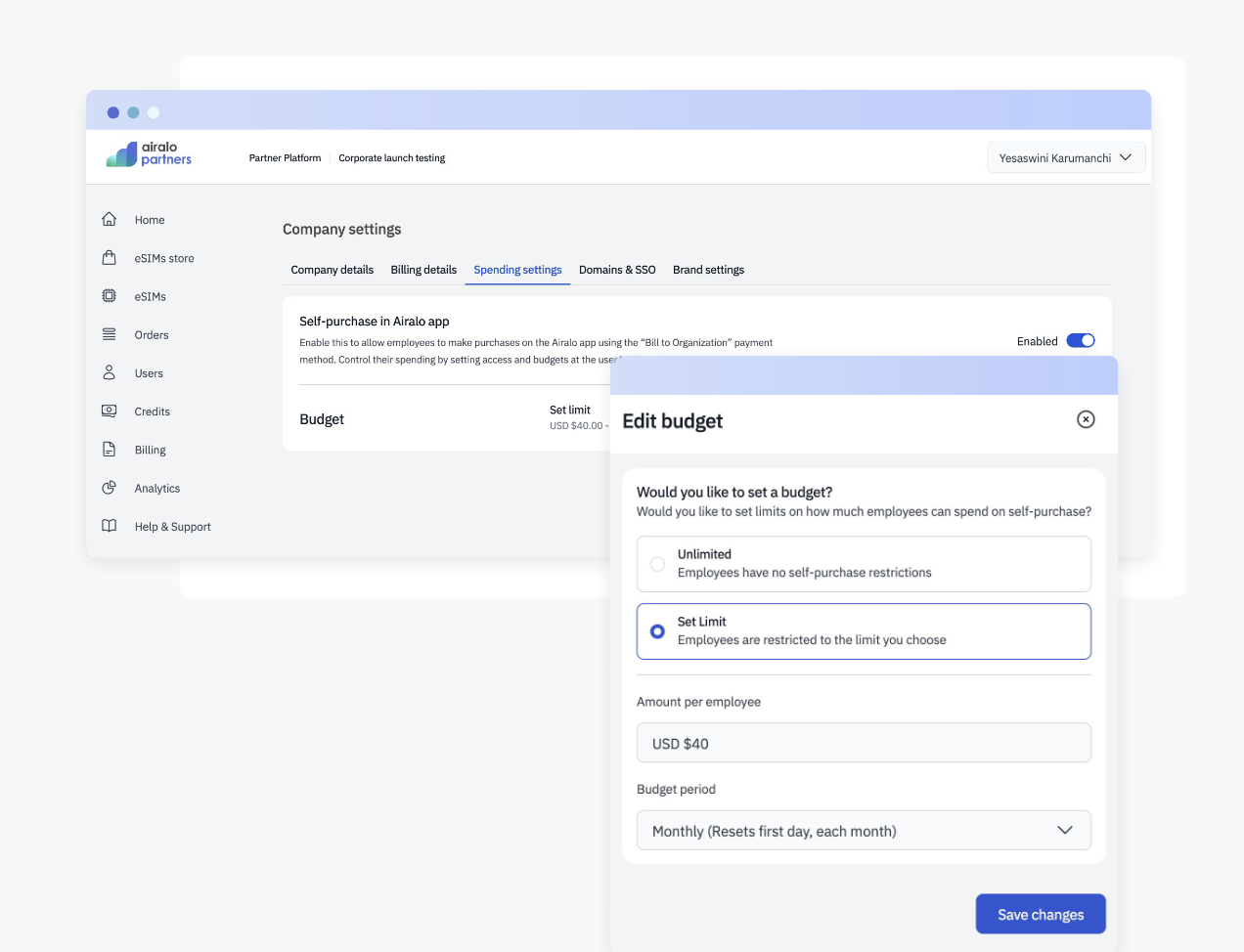 Airalo for business カスタム支払い設定