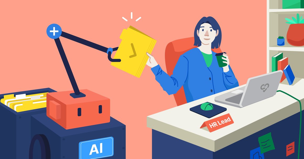 A person in a blue sweater is sitting at a desk. On the desk is an open laptop and a sign that says HR Lead. The person has a cup of coffee in one hand and a folder in the other hand. The folder is being given to them by a small, red robot labeled with a sign saying AI.