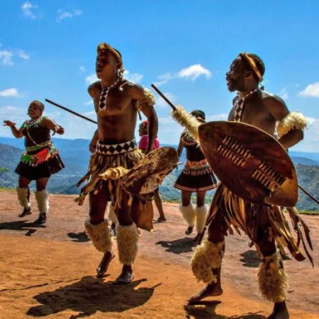 Traditional Zulu warriors in authentic dance performance