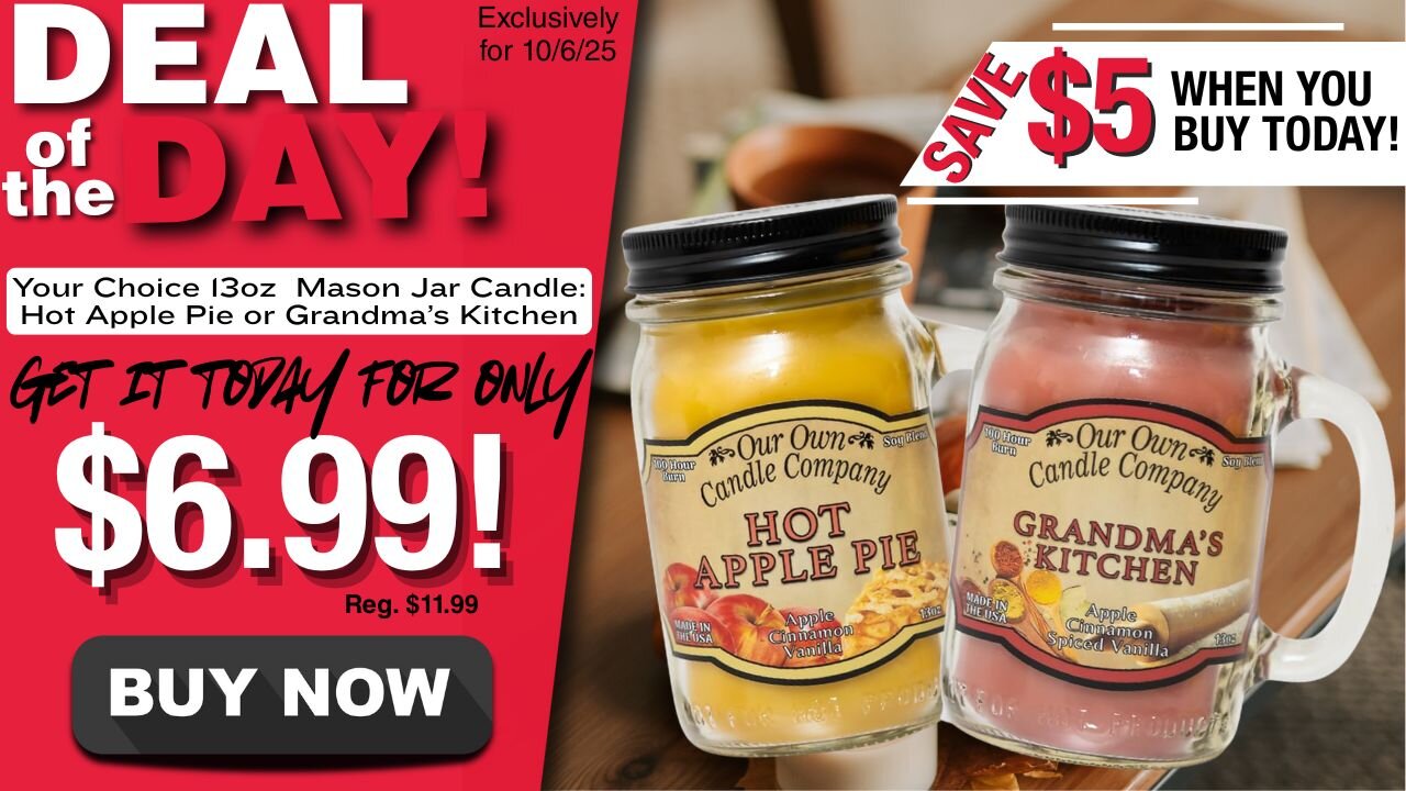 Deal of the Day Your Choice 13oz Mason Jar Candle: Hot Apple Pie or Grandma's Kitchen for $6.99