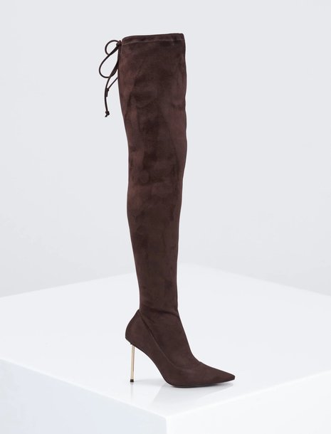 Dark brown suede over-the-knee heeled boot