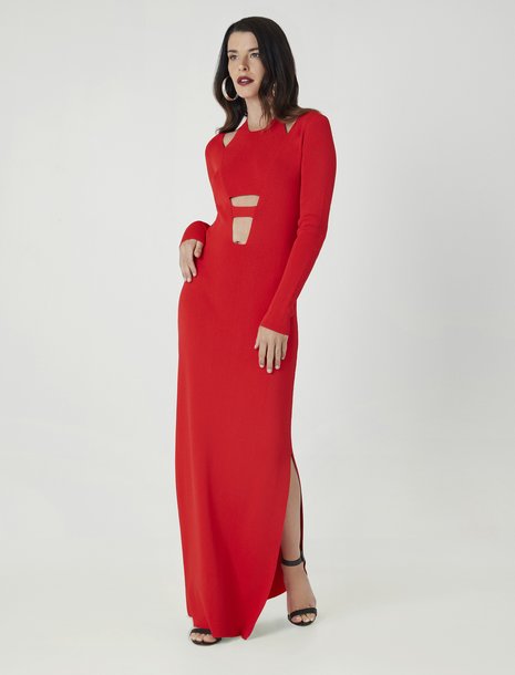 Picture of a women in a red dress with cutouts