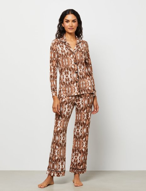 Picture of a woman wearing a printed pajama set
