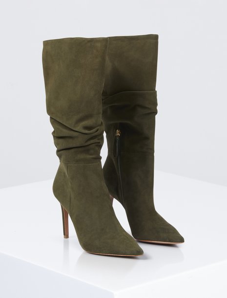 Picture of olive green suede pointed toe heeled boots