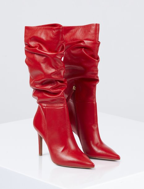 Picture of red leather pointed toe heeled boots