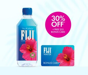 Ad: Woman holding FIJI water bottle floatie at the beach. Free pool floaties on orders over $150.